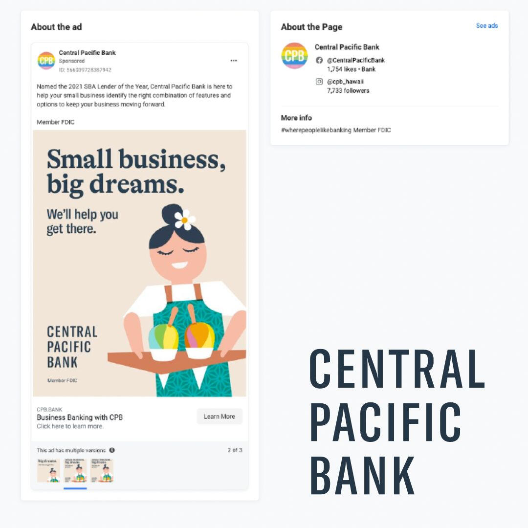 Central Pacific Bank: NSM provided management of Meta advertising including bidding strategy, target audience research, and scaling.